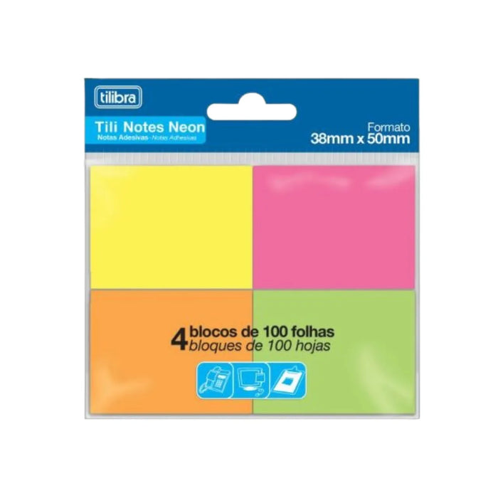 Bloco Notas Adesivas Neon 38x50mm 4 Cores 100 Folhas Tilibra