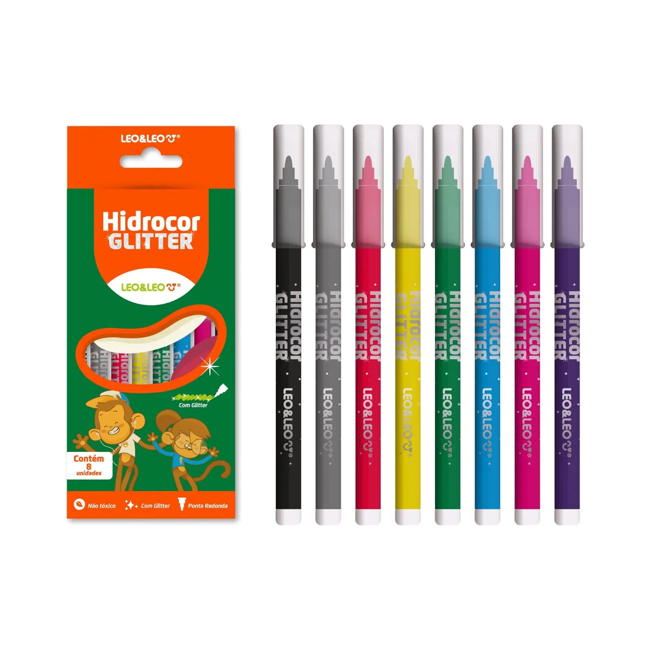 Caneta Hidrocor Glitter 8 Cores Leo e Leo