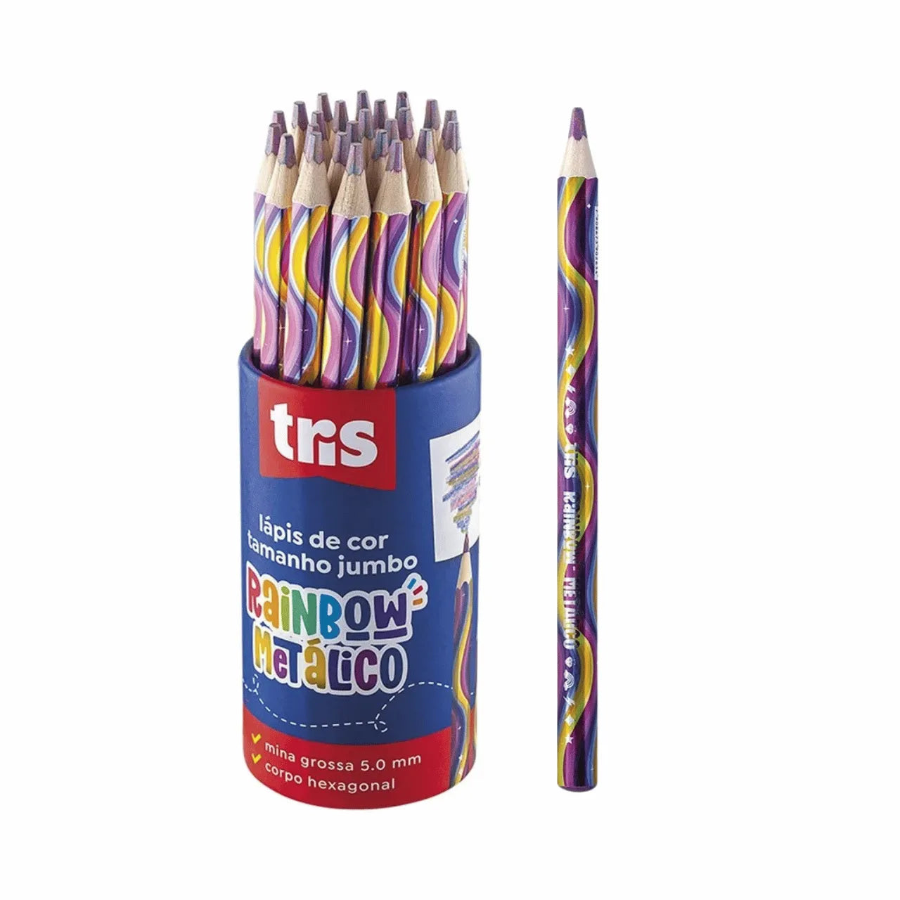 Lápis de Cor Jumbo Rainbow Metálico Tris Madeira 5,5mm