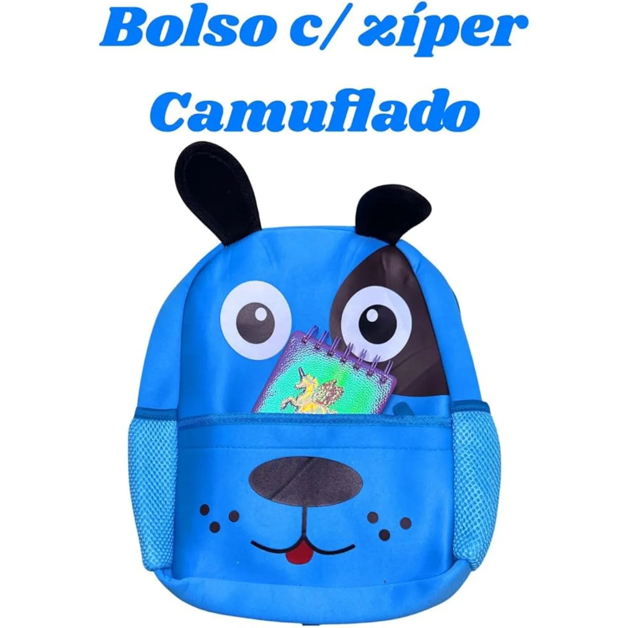 Mochila Baby Infantil Costas Cachorro 3D Azul Escolar com Zíper Camuflado