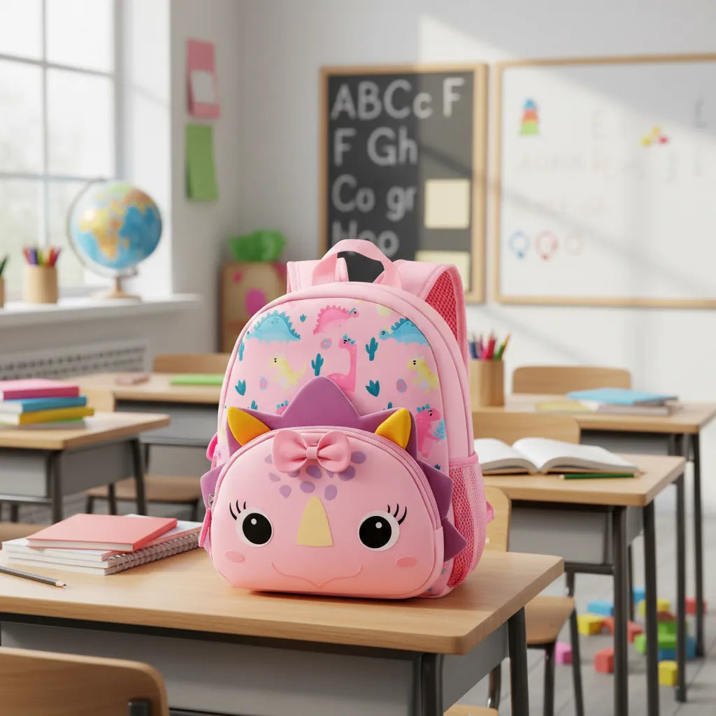 Mochila Baby Infantil Escolar Costas Dinossauro Rosa com Zíper e Bolsos Laterais