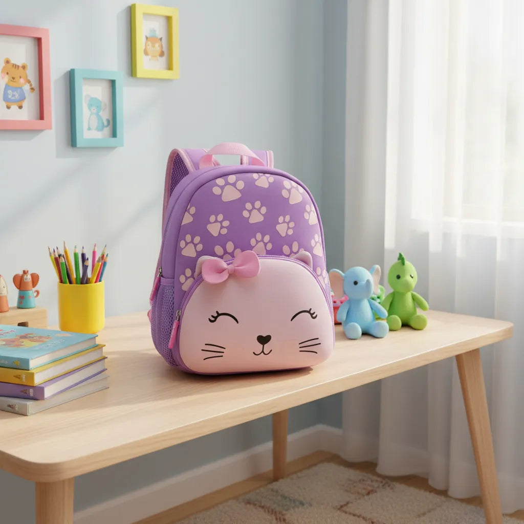 Mochila Baby Infantil Escolar Costas Gatinha Lilás com Bolsos Laterais