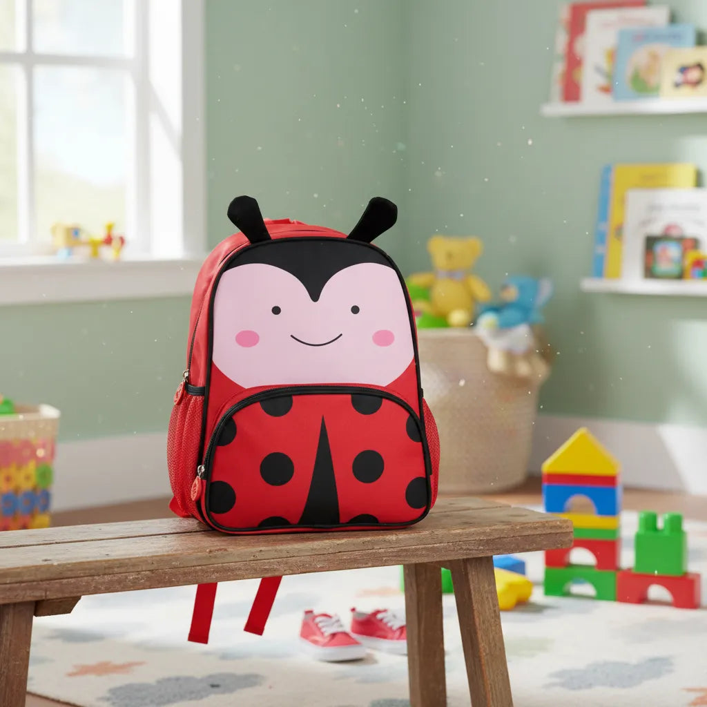 Mochila Baby Infantil Escolar Costas Joaninha Vermelha com Compartimento Principal e Bolsos em Tela