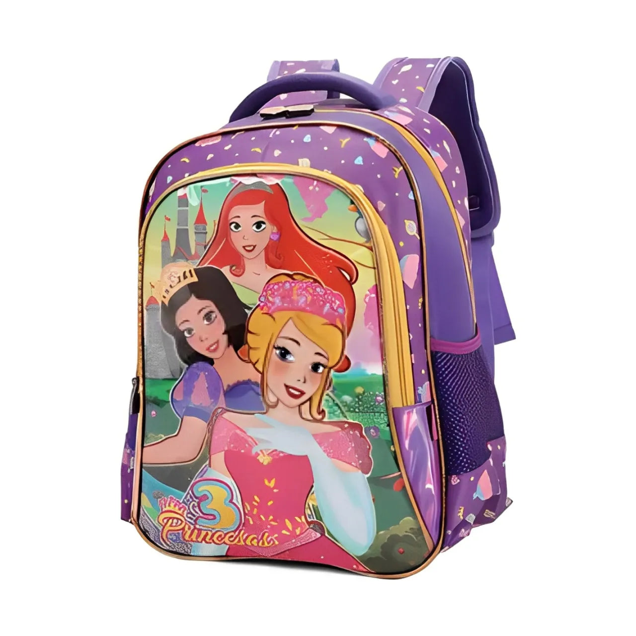 Mochila Infantil Costas 3 Princesas Colorida Escolar Roxa com Bolsos Laterais