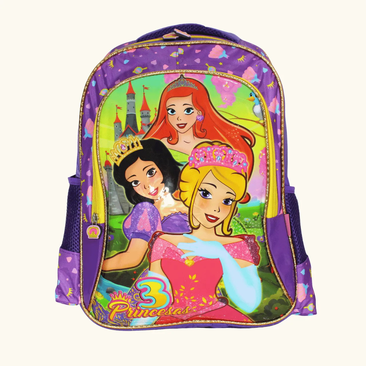 Mochila Infantil Costas 3 Princesas Colorida Escolar Roxa com Bolsos Laterais