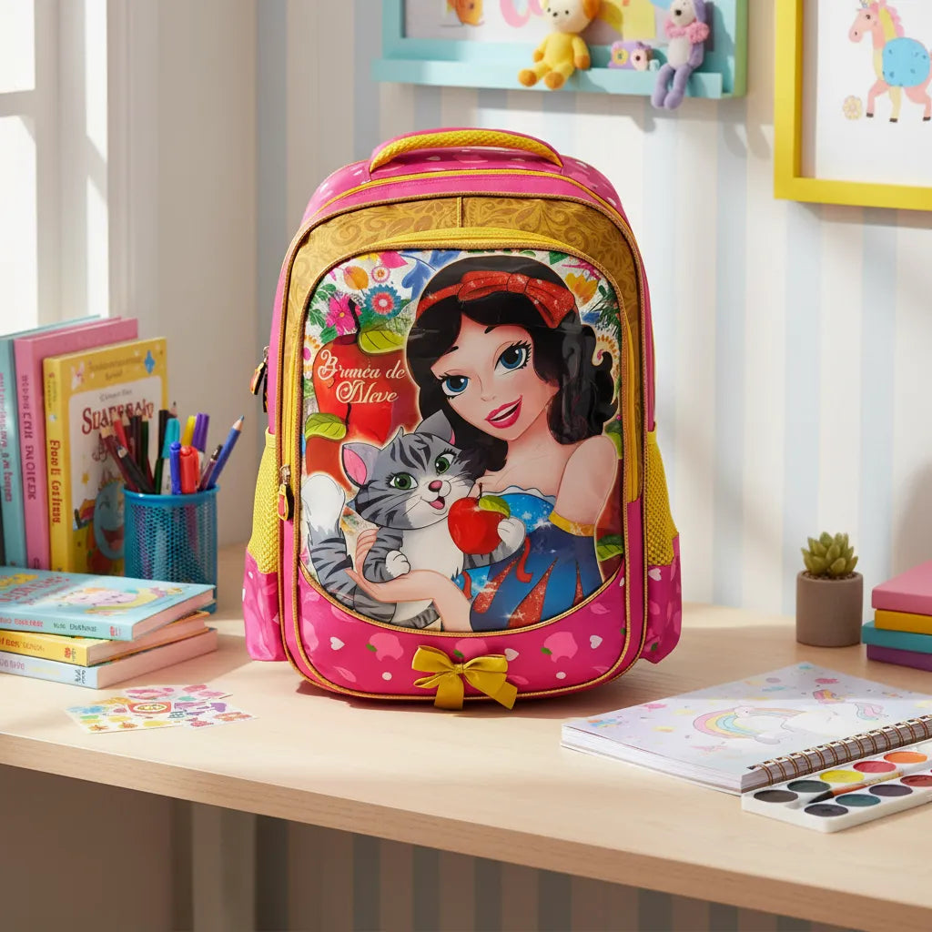 Mochila Infantil Costas Branca de Neve Rosa Escolar com Bolsos Laterais