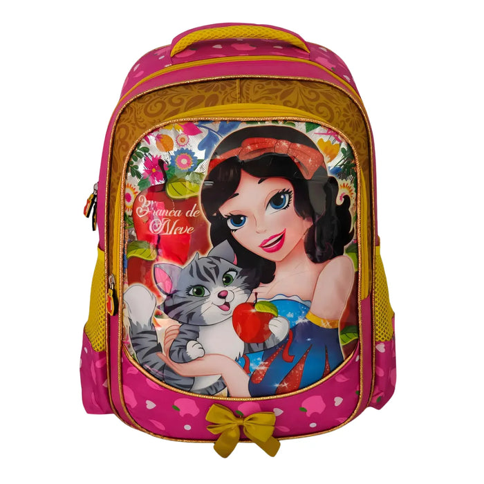 Mochila Infantil Costas Branca de Neve Rosa Escolar com Bolsos Laterais
