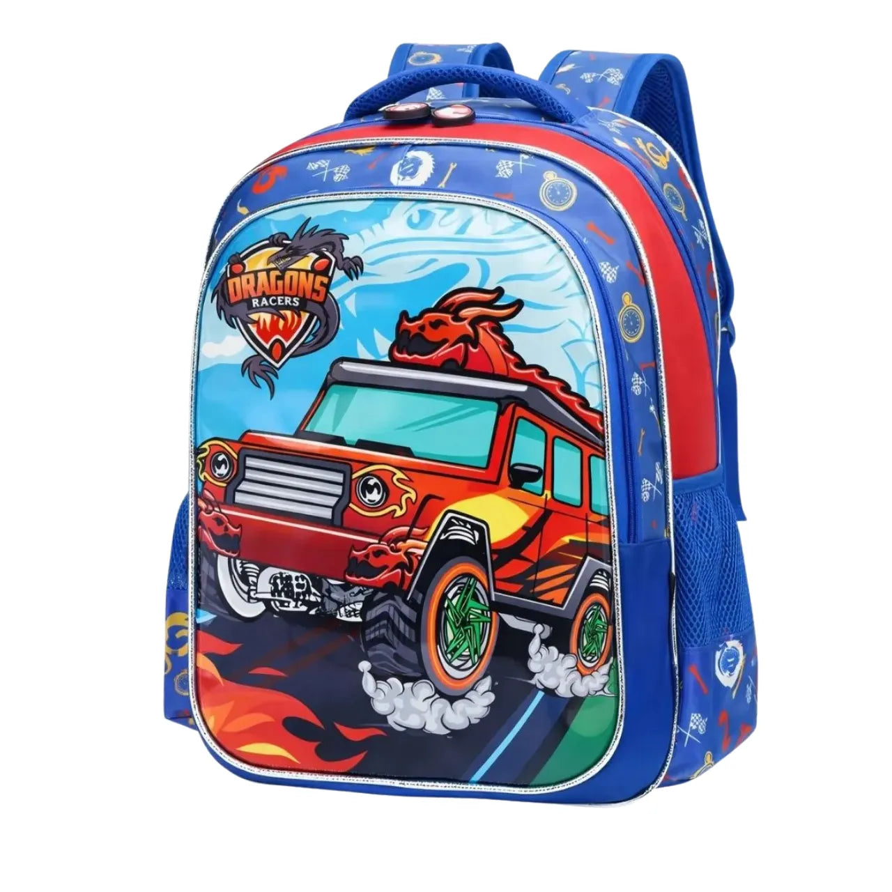 Mochila Infantil Costas Dragons Racers Carro Azul com Bolsos Laterais