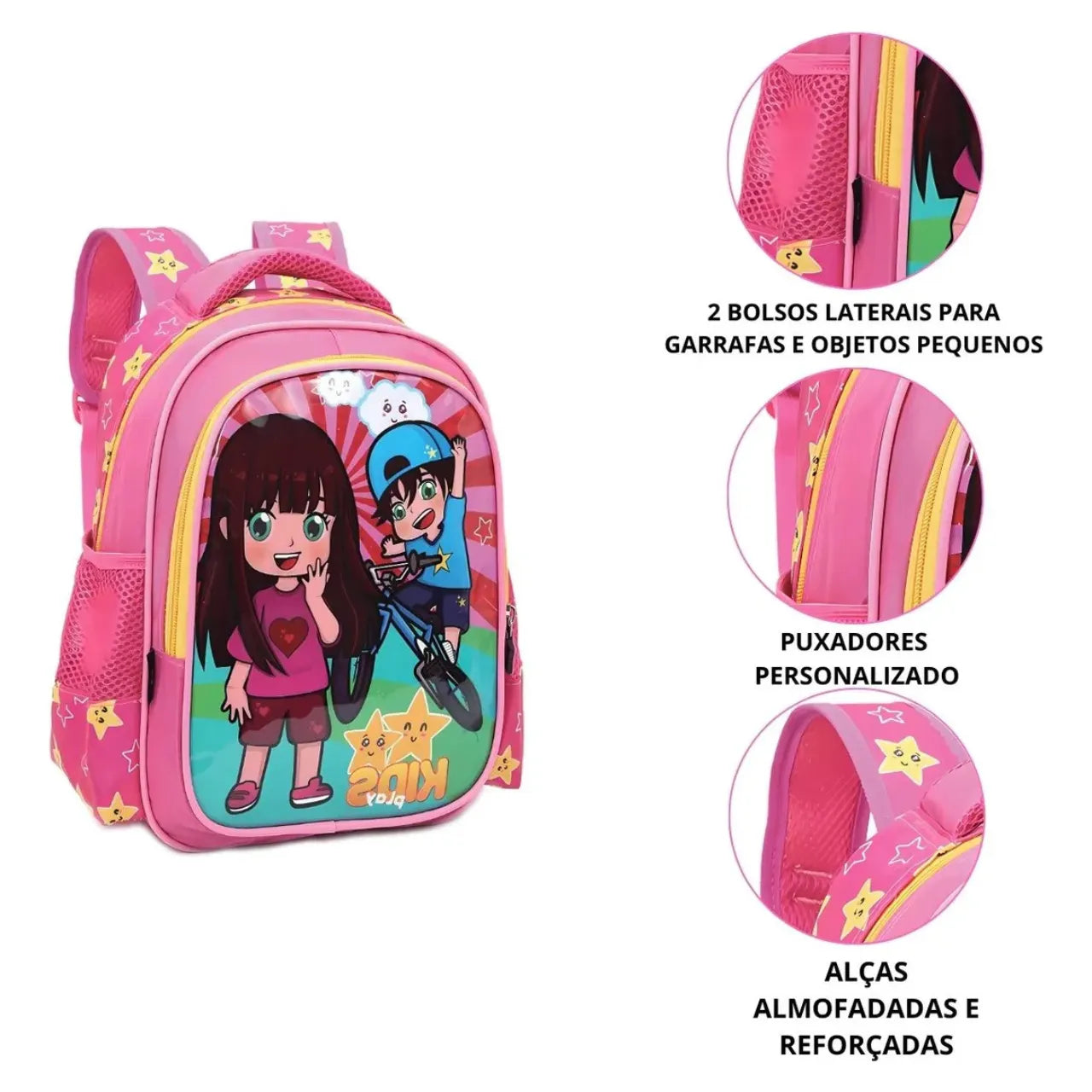 Mochila Infantil Costas Kids Play Menina Rosa com Bolso Frontal