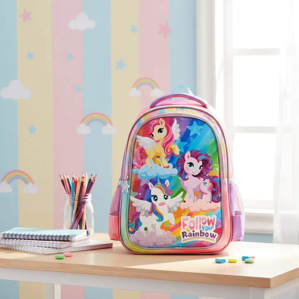 Mochila Infantil Costas Unicórnio Rainbow Colorida com Bolsos Laterais