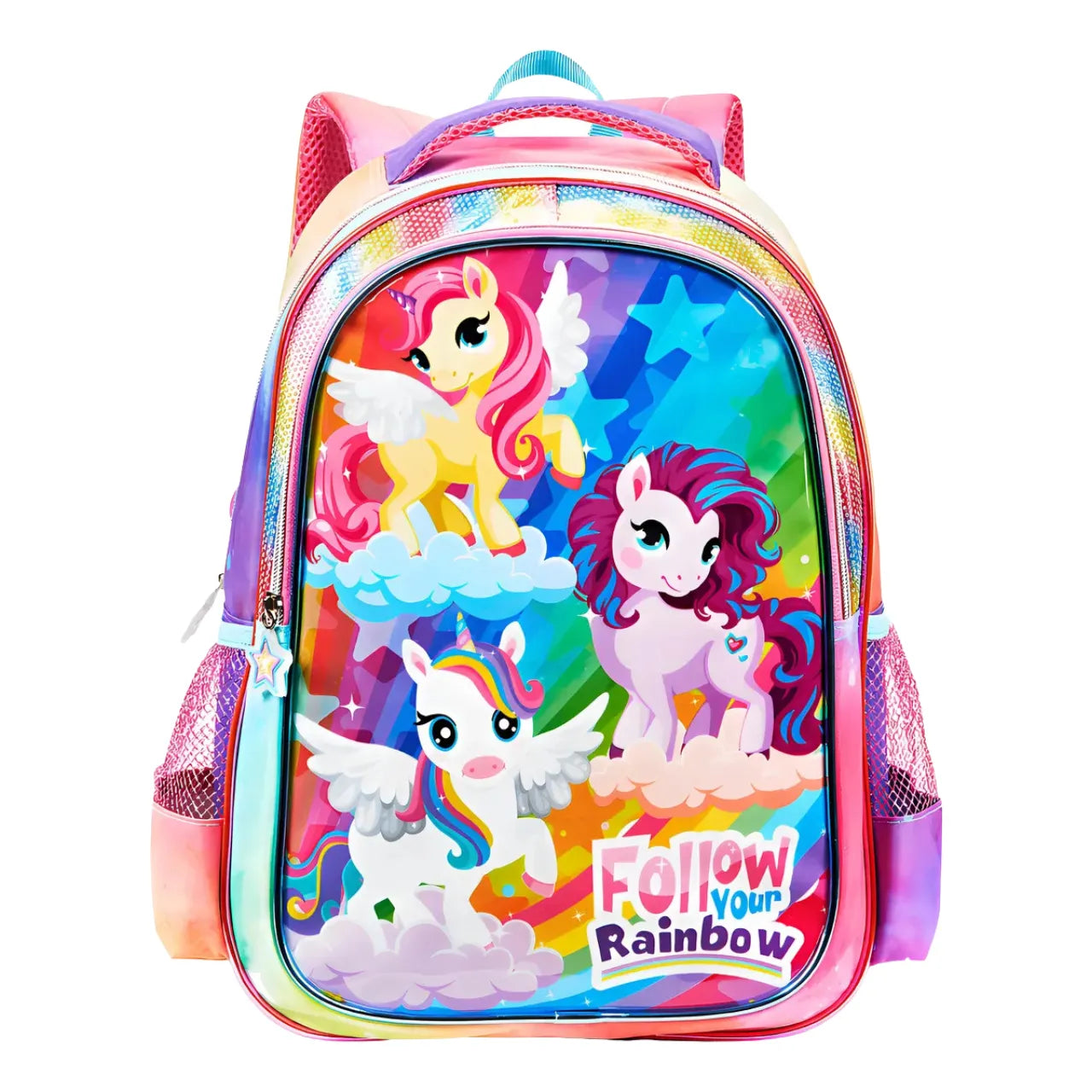 Mochila Infantil Costas Unicórnio Rainbow Colorida com Bolsos Laterais