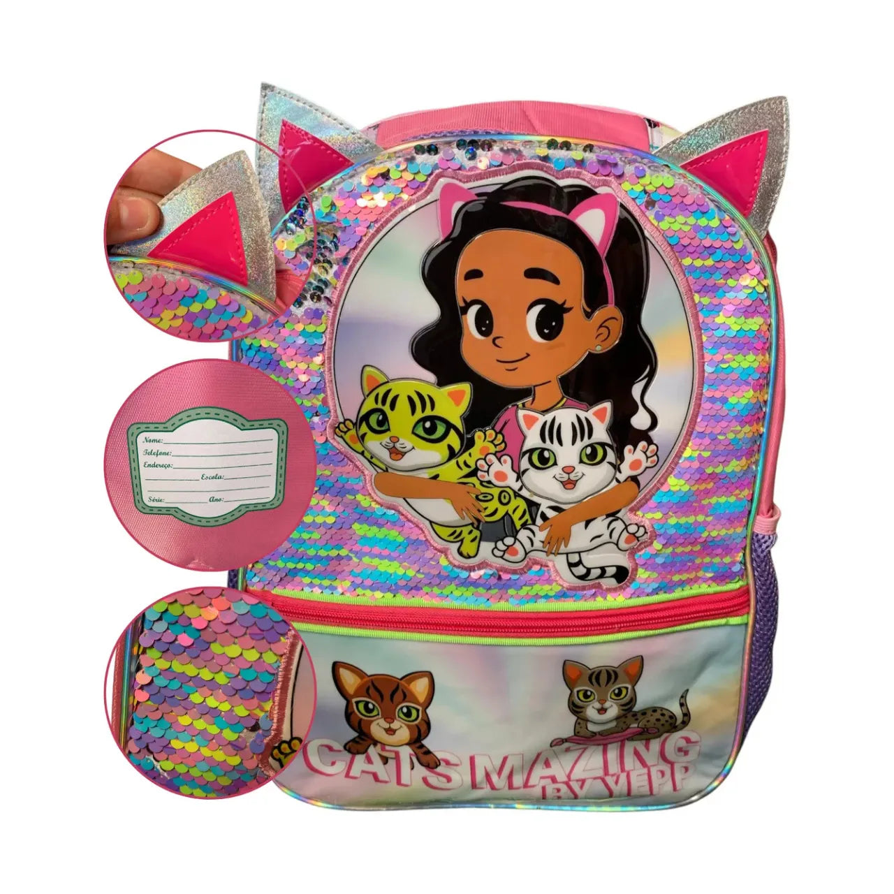 Mochila Infantil Escolar Costas Cats Lantejoula Rosa com Bolso Frontal