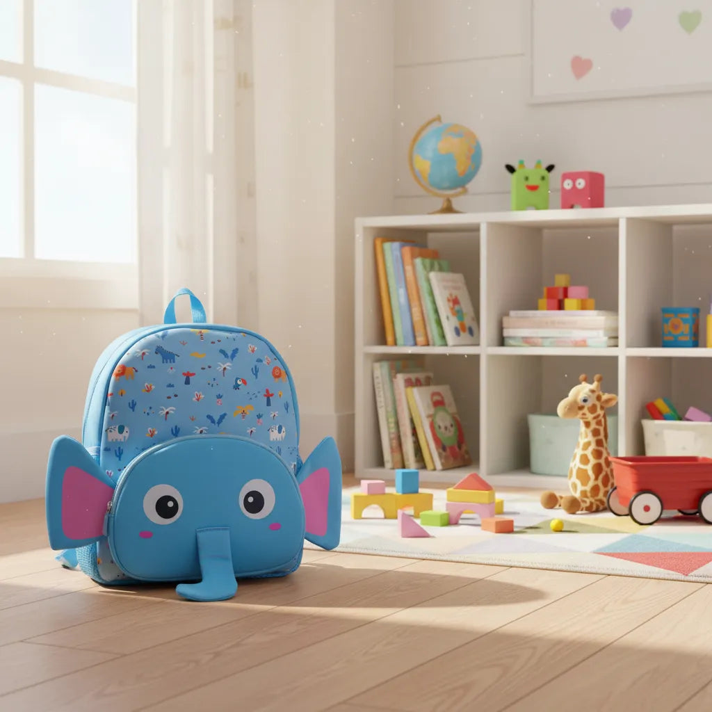 Mochila Infantil Escolar Costas Elefante Azul Bolsos Laterais