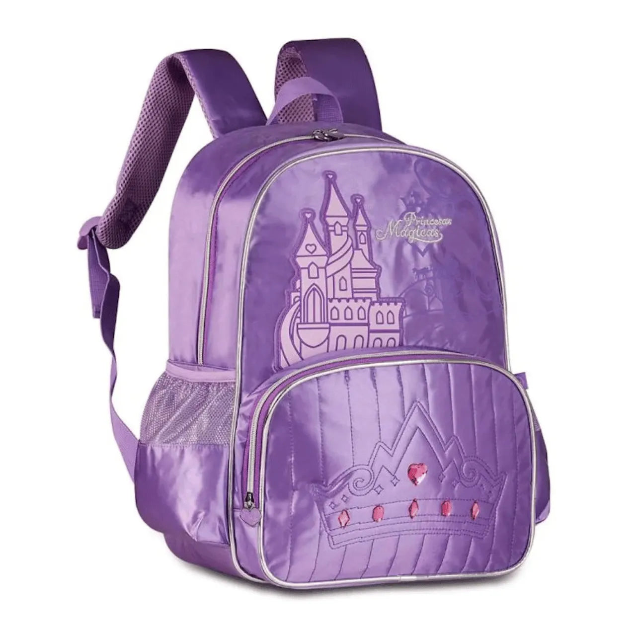 Mochila Infantil Escolar Costas Princesas Roxa '16' com Bolso Frontal