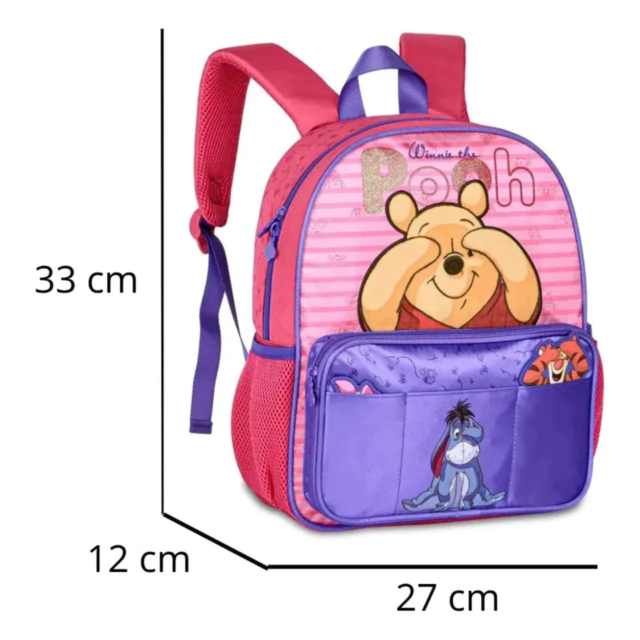 Mochila Infantil Escolar Costas Ursinho Rosa com Zíper e Bolsos