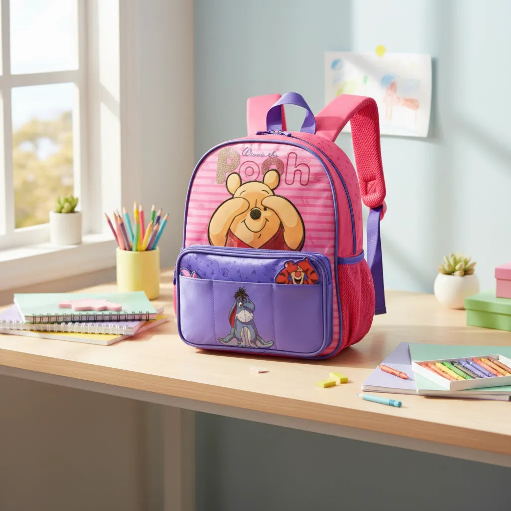 Mochila Infantil Escolar Costas Ursinho Rosa com Zíper e Bolsos