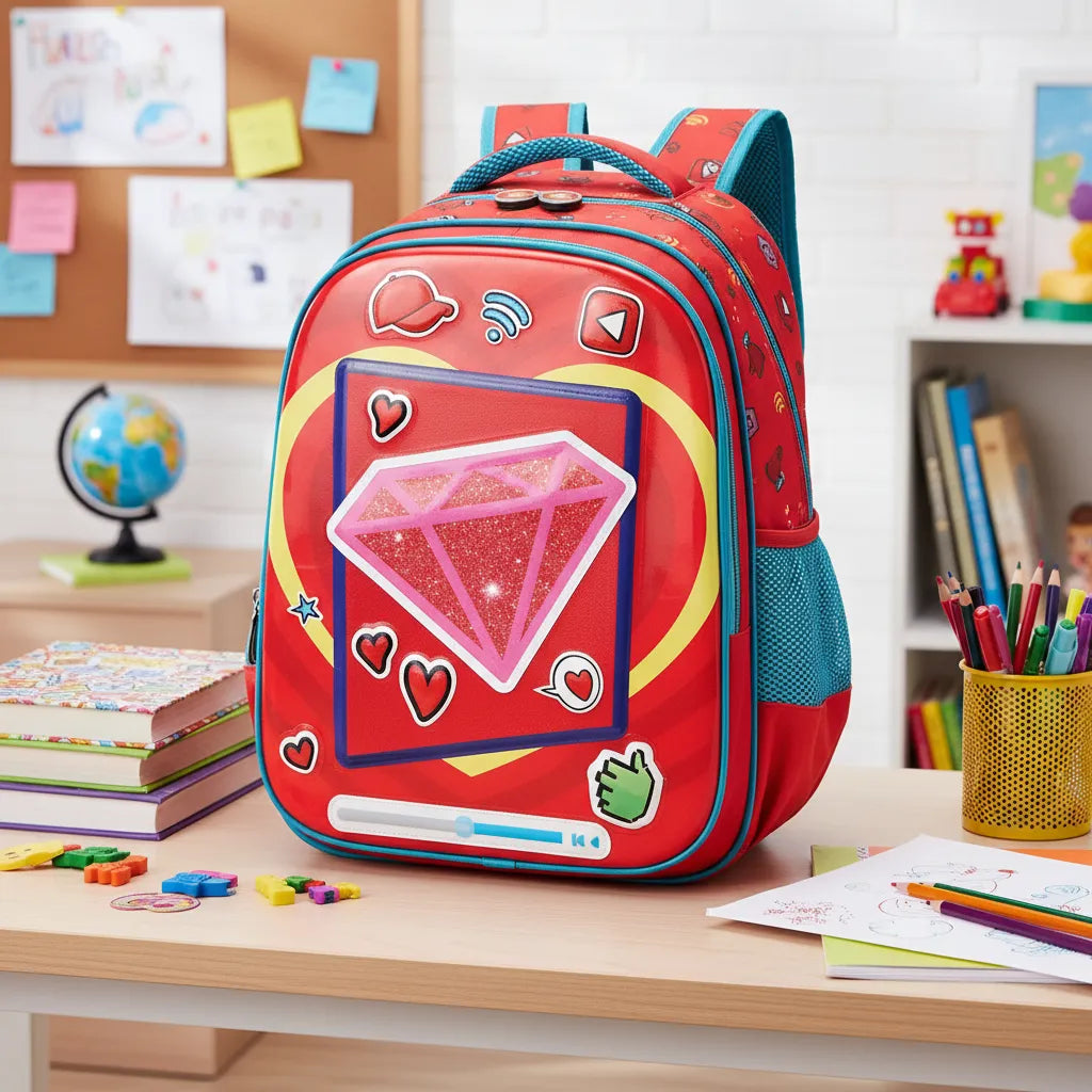 Mochila Infantil Escolar Costas Vermelha Estampa Coração com Bolso Frontal