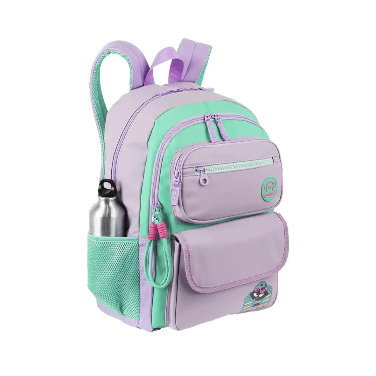 Mochila Lilás com Verde Porta Notebook Acolchoada Bolsos Laterais