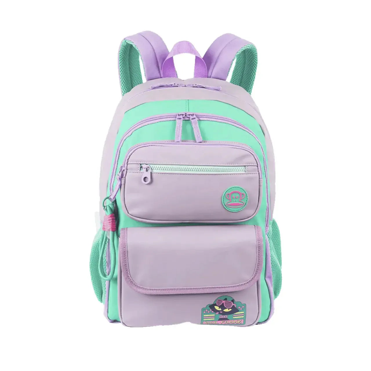 Mochila Lilás com Verde Porta Notebook Acolchoada Bolsos Laterais