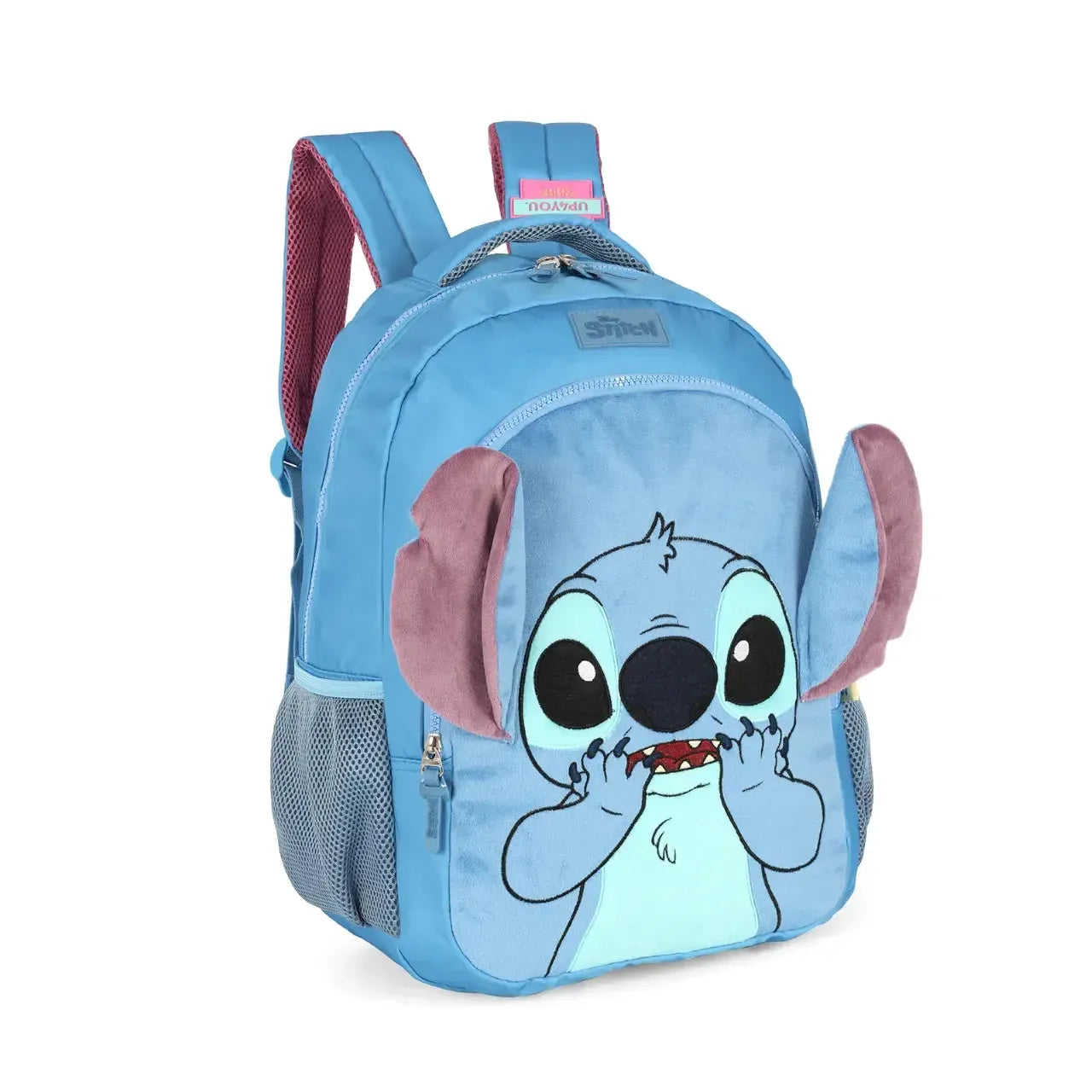 Mochila de Costa Stitch de Pelúcia Azul e Pink com Bolso Frontal
