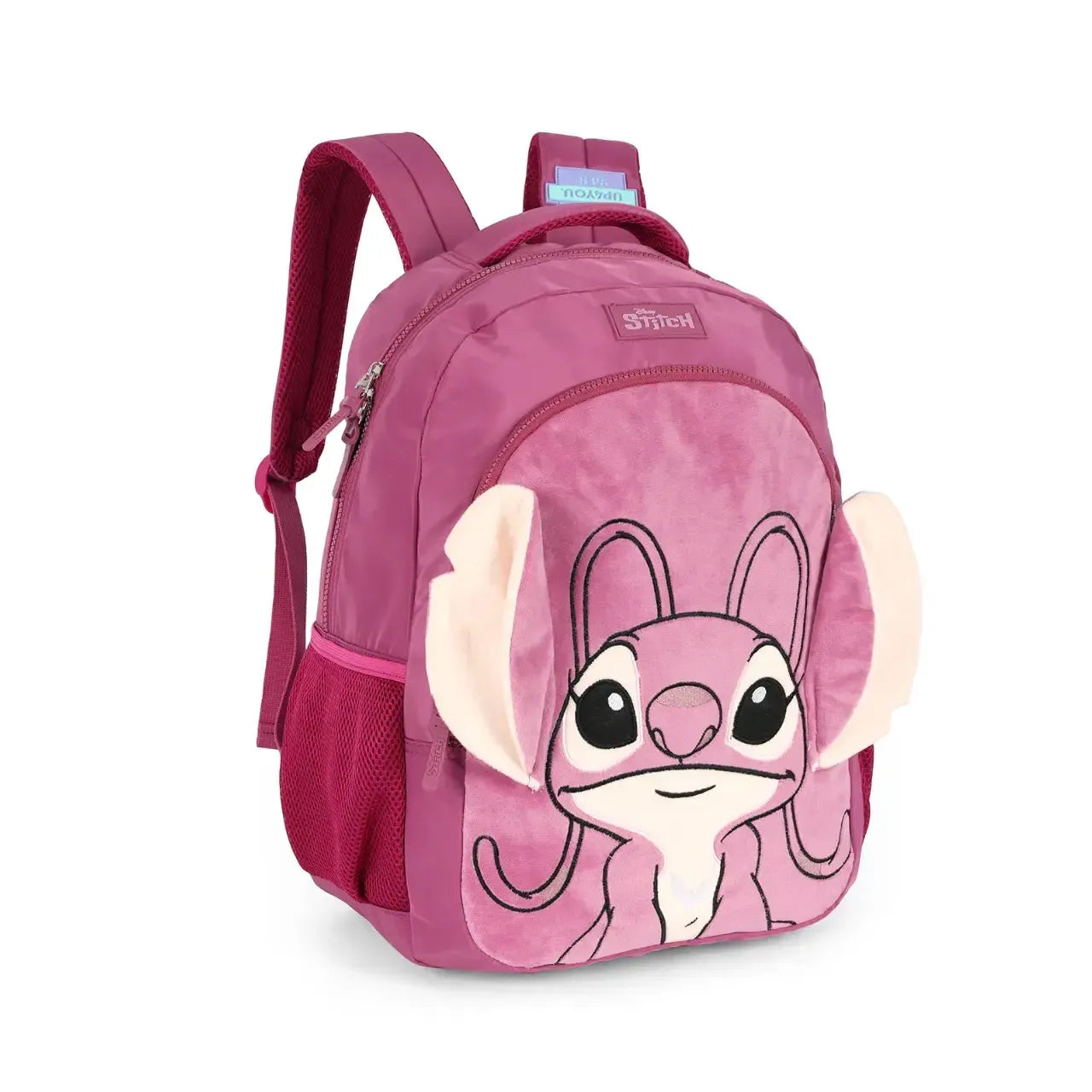 Mochila de Costas Angel de Pelúcia Roxa e Pink com Bolso Frontal