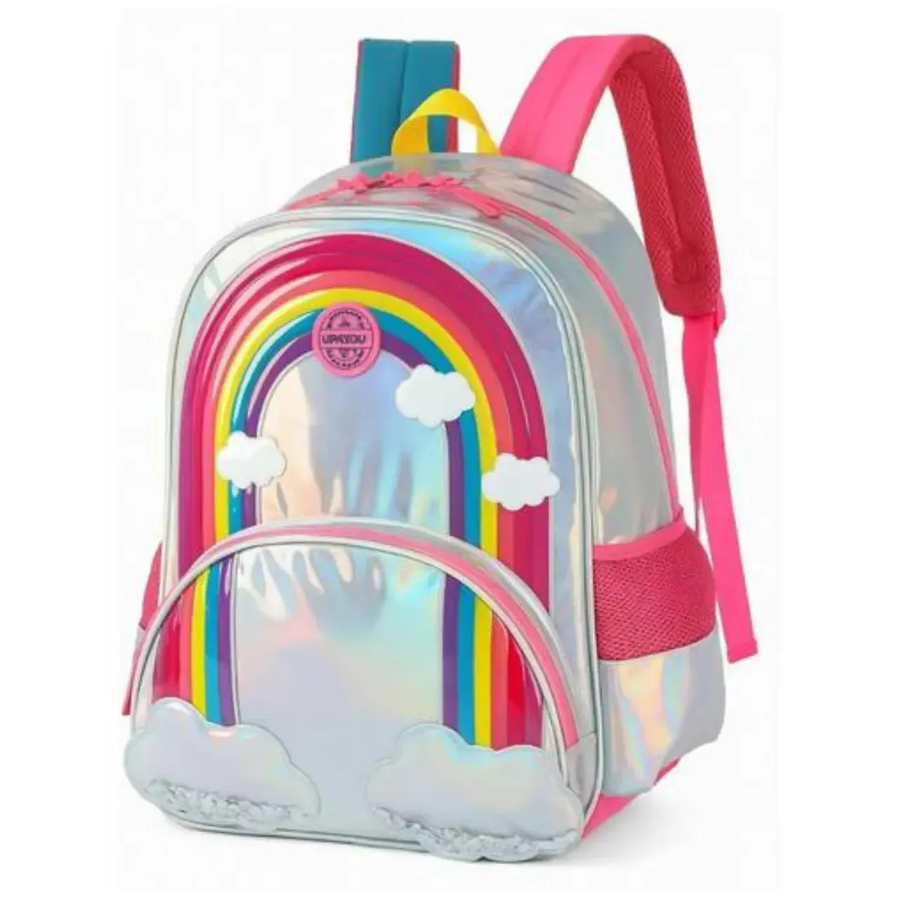 Mochila de Costas Arco Íris Holográfica Prata e Rosa com Bolso Frontal
