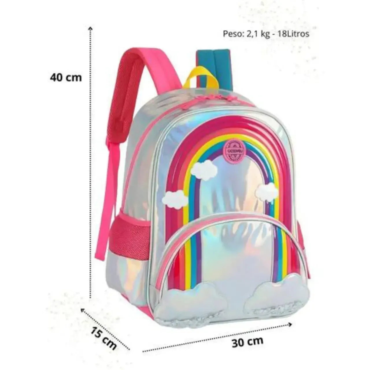 Mochila de Costas Arco Íris Holográfica Prata e Rosa com Bolso Frontal