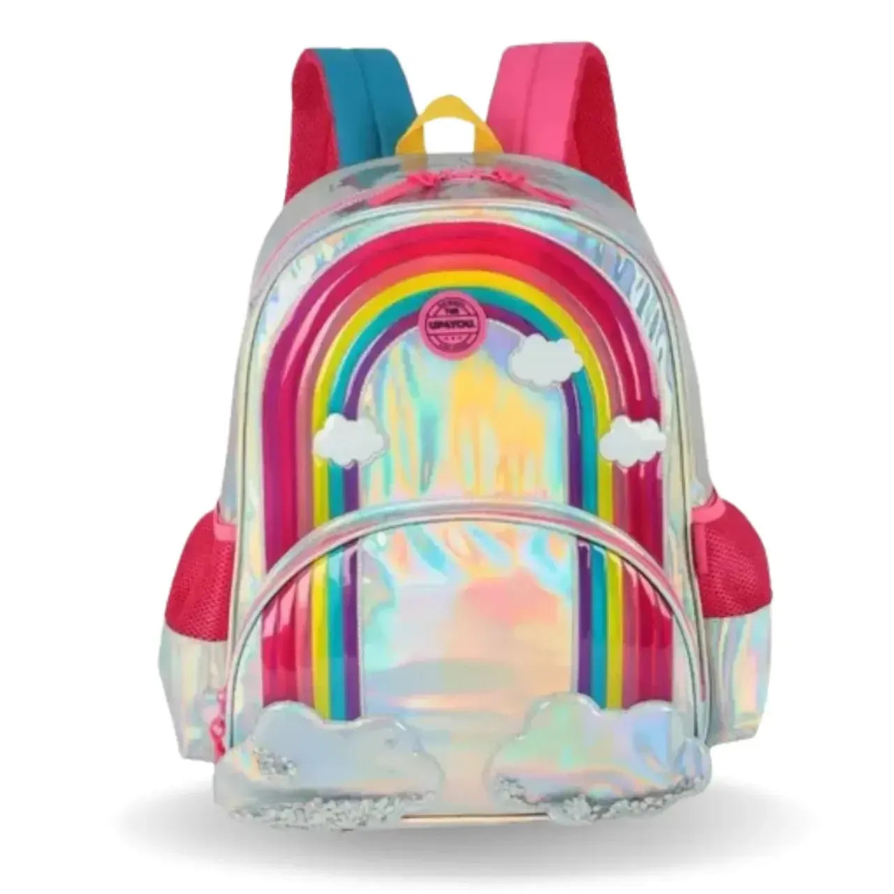 Mochila de Costas Arco Íris Holográfica Prata e Rosa com Bolso Frontal