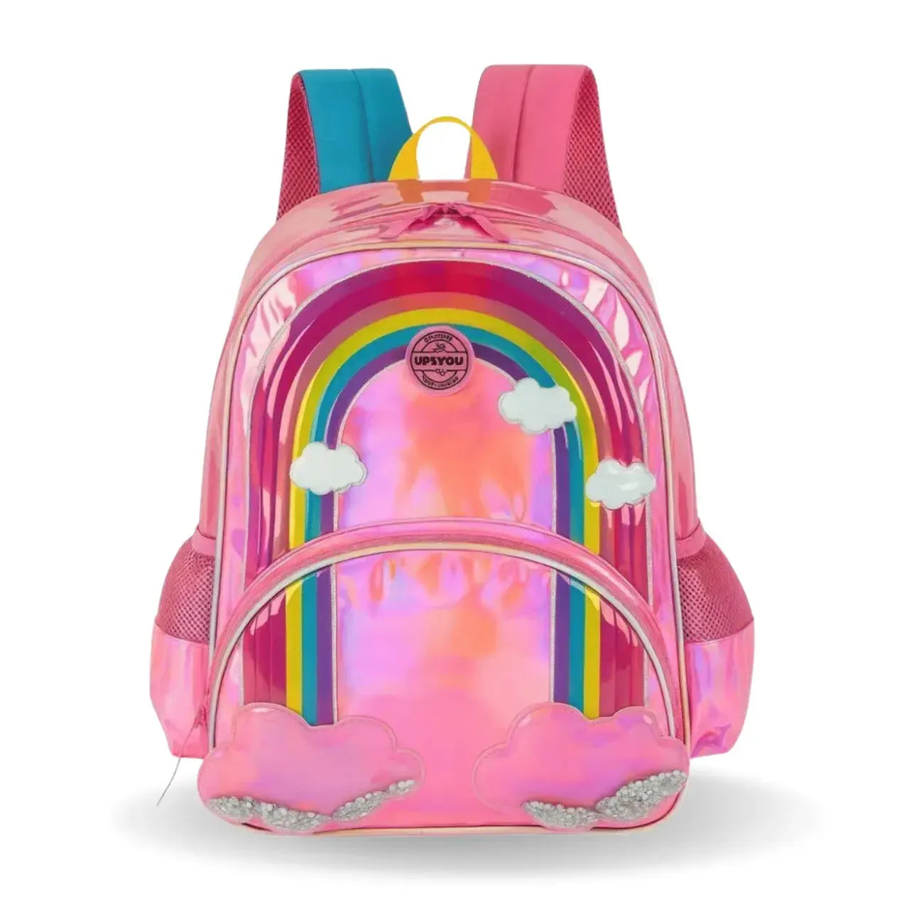 Mochila de Costas Arco Íris Rosa Holográfico com Alça Refoçada