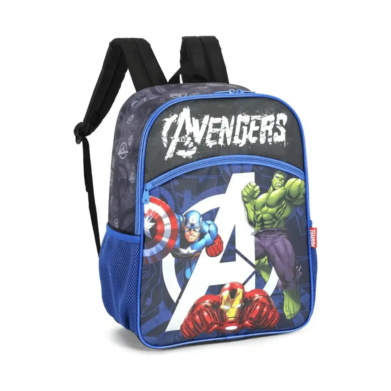 Mochila de Costas Avengers Preta e Azul Marvel Bolso Frontal
