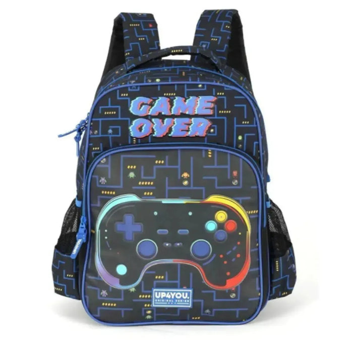 Mochila de Costas Controle Gamer Preta e Azul com Bolso Frontal