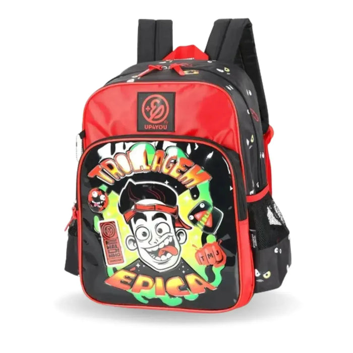 Mochila de Costas Enaldinho Preta e Vermelha Com Bolso Frontal