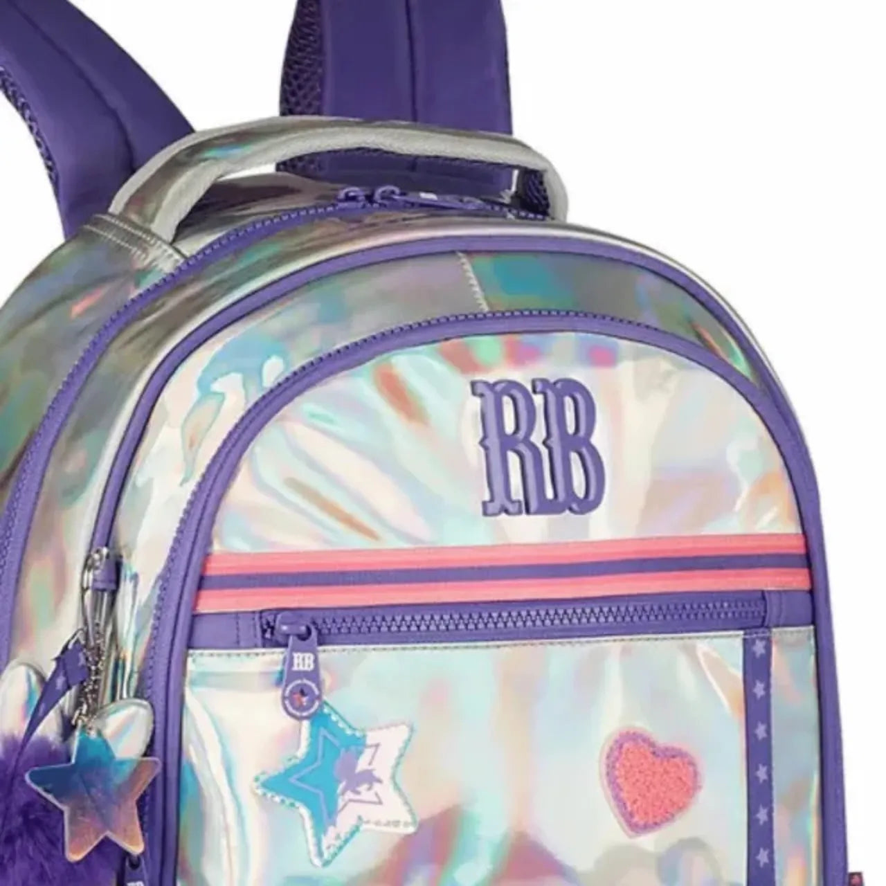 Mochila de Costas Rebecca Bombom Lilas Holográfica Floral com Bolso Frontal
