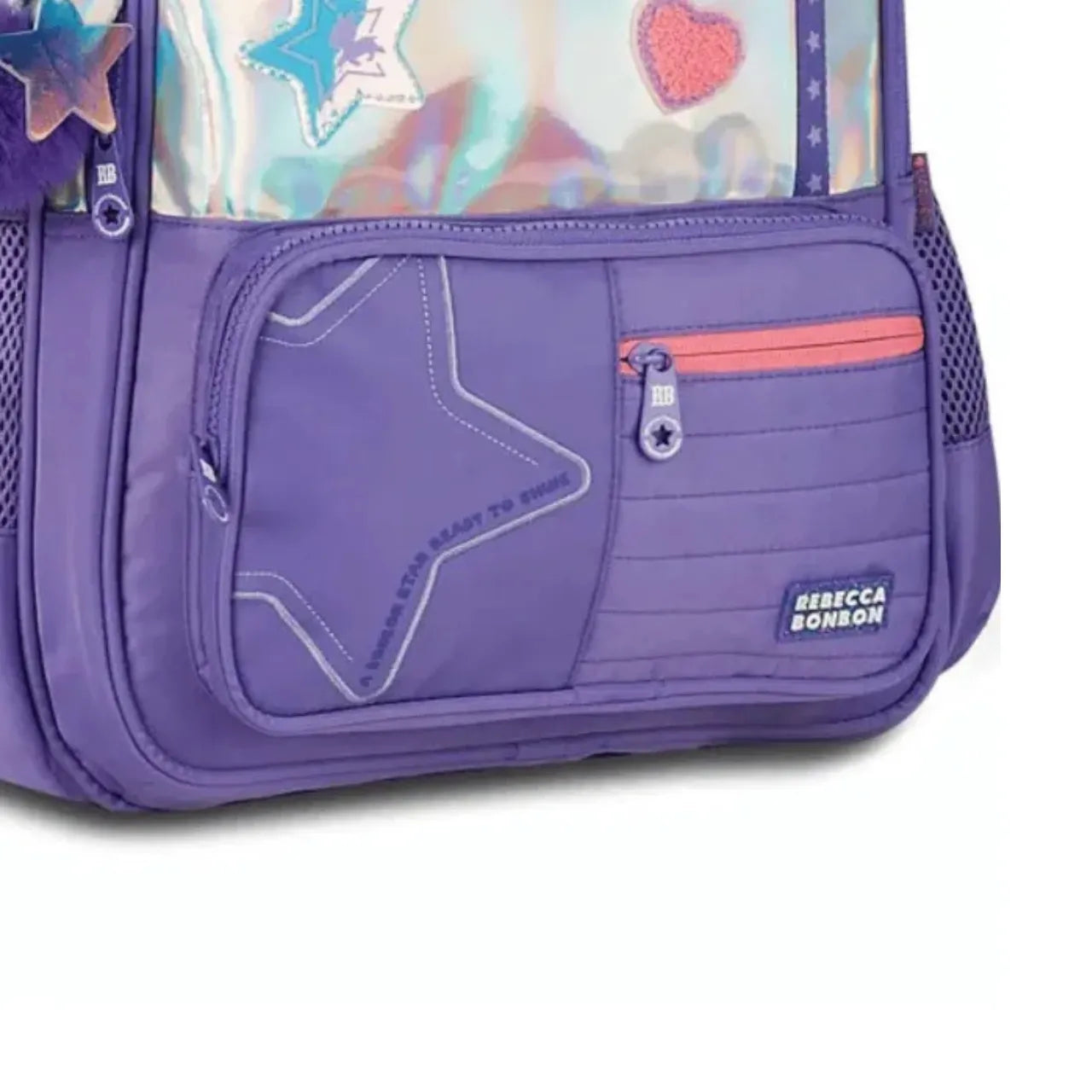 Mochila de Costas Rebecca Bombom Lilas Holográfica Floral com Bolso Frontal