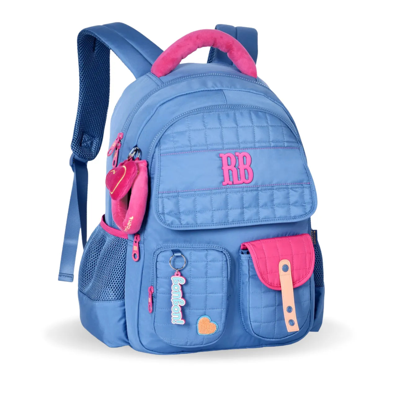 Mochila de Costas Rebecca Bonbon Azul de Pelúcia com Bolsos Frontais