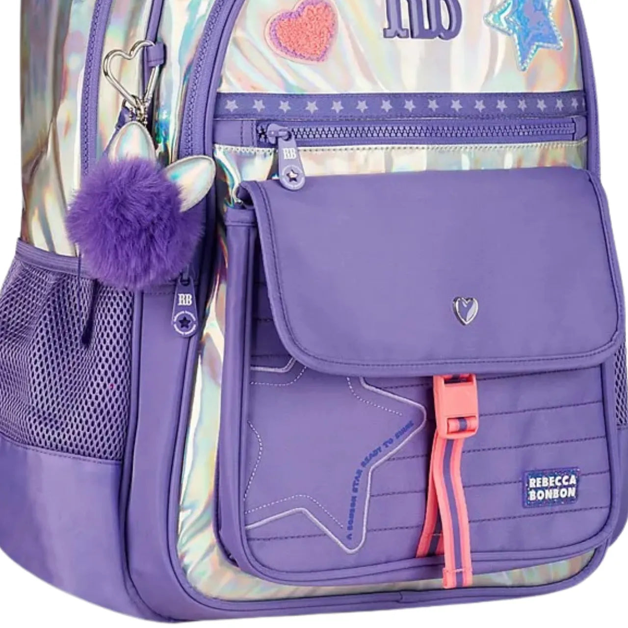Mochila de Costas Rebecca Bonbon Lilás Holográfica com Bolso Frontal
