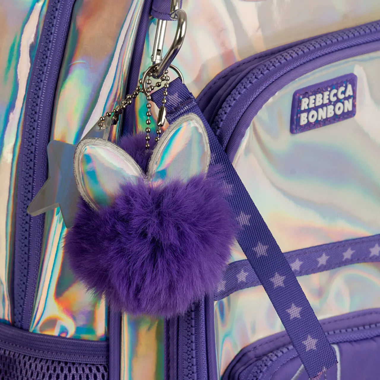 Mochila de Costas Rebecca Bonbon Lilás Holográfica com Bolsos Frontais