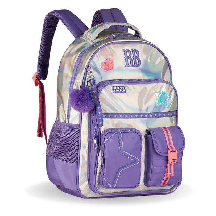 Mochila de Costas Rebecca Bonbon Lilás Holográfica com Bolsos Frontais