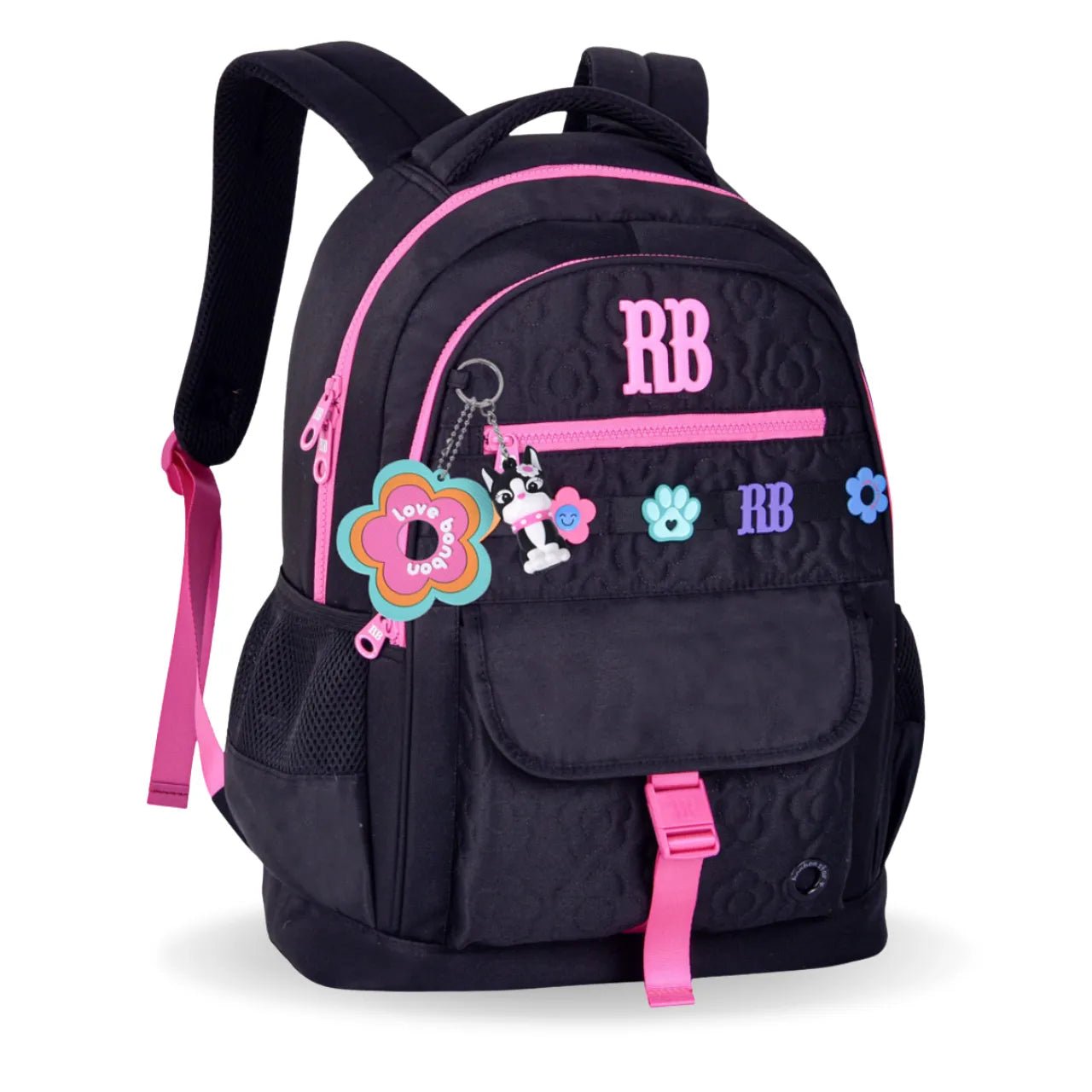 Mochila de Costas Rebecca Bonbon Preta Floral com Bolso Frontal