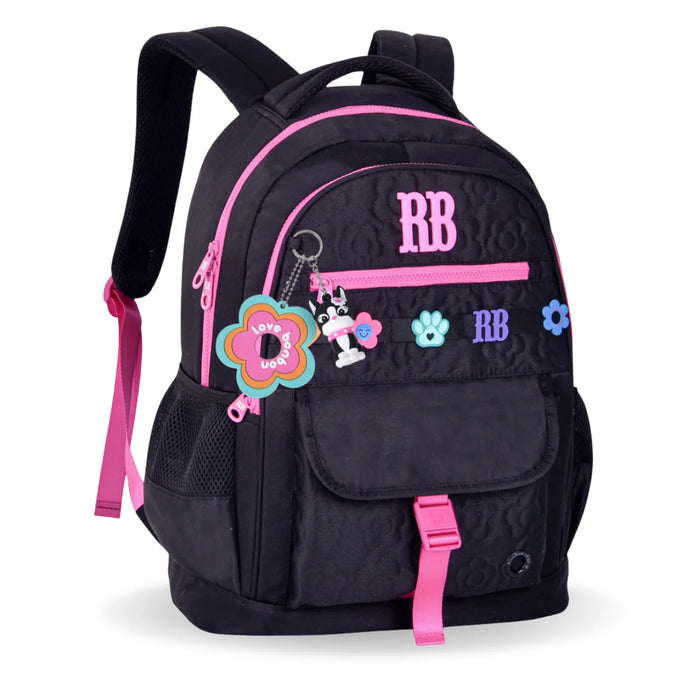 Mochila de Costas Rebecca Bonbon Preta Floral com Bolso Frontal