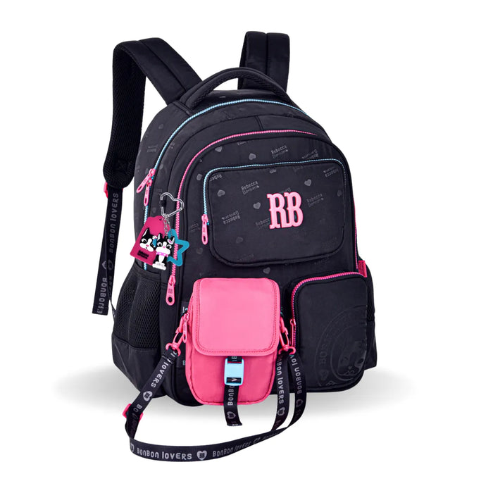 Mochila de Costas Rebecca Bonbon Preta com Bolso Removível e Alças Reforçadas