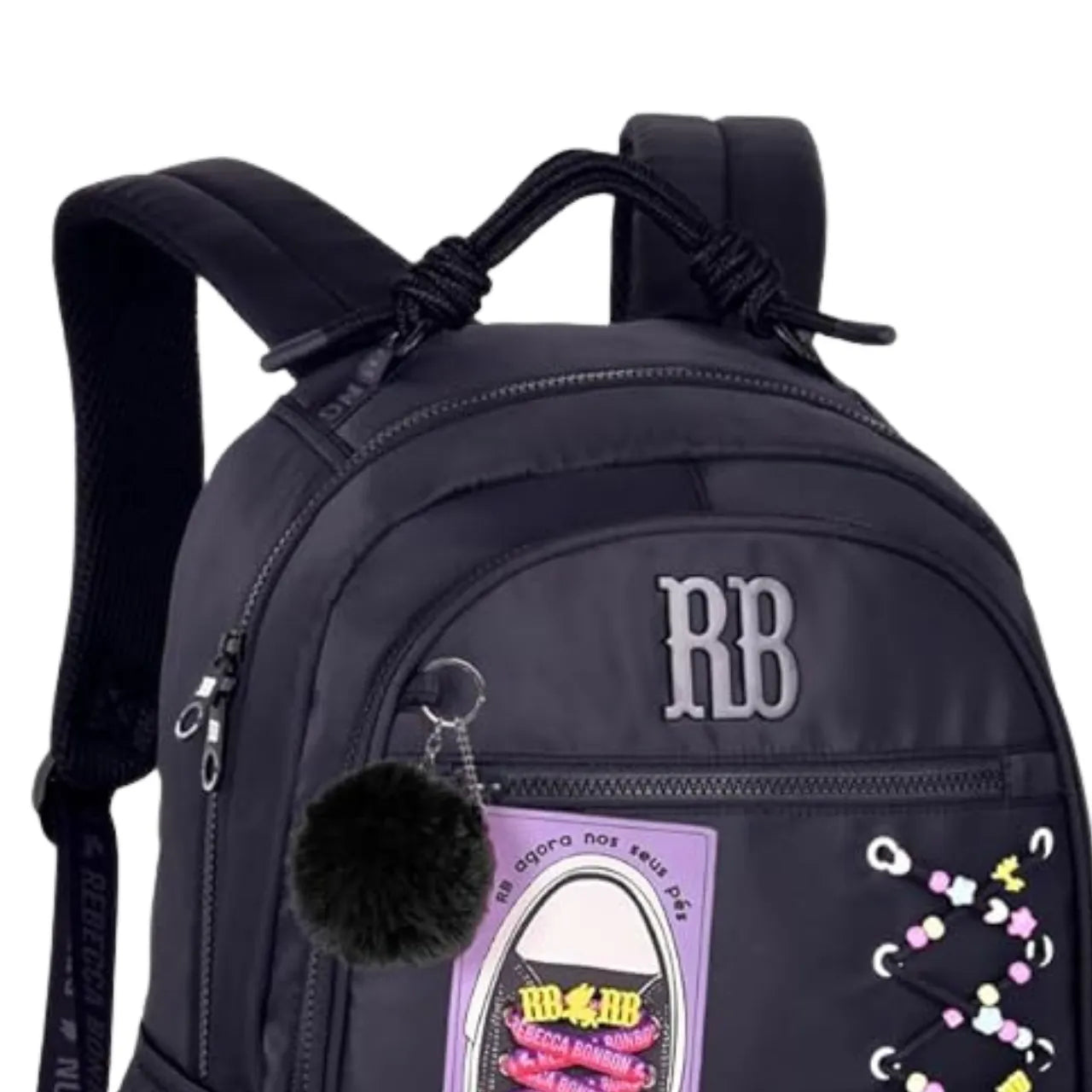 Mochila de Costas Rebecca Bonbon Preta com Cadarços e Bolso Frontal