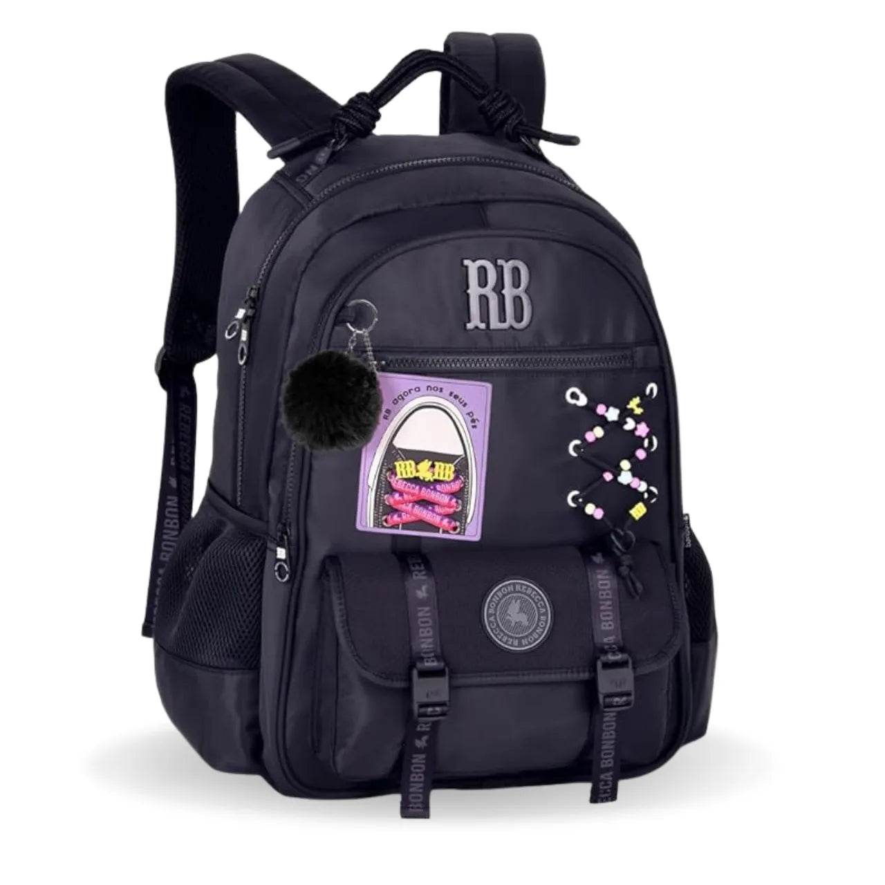 Mochila de Costas Rebecca Bonbon Preta com Cadarços e Bolso Frontal