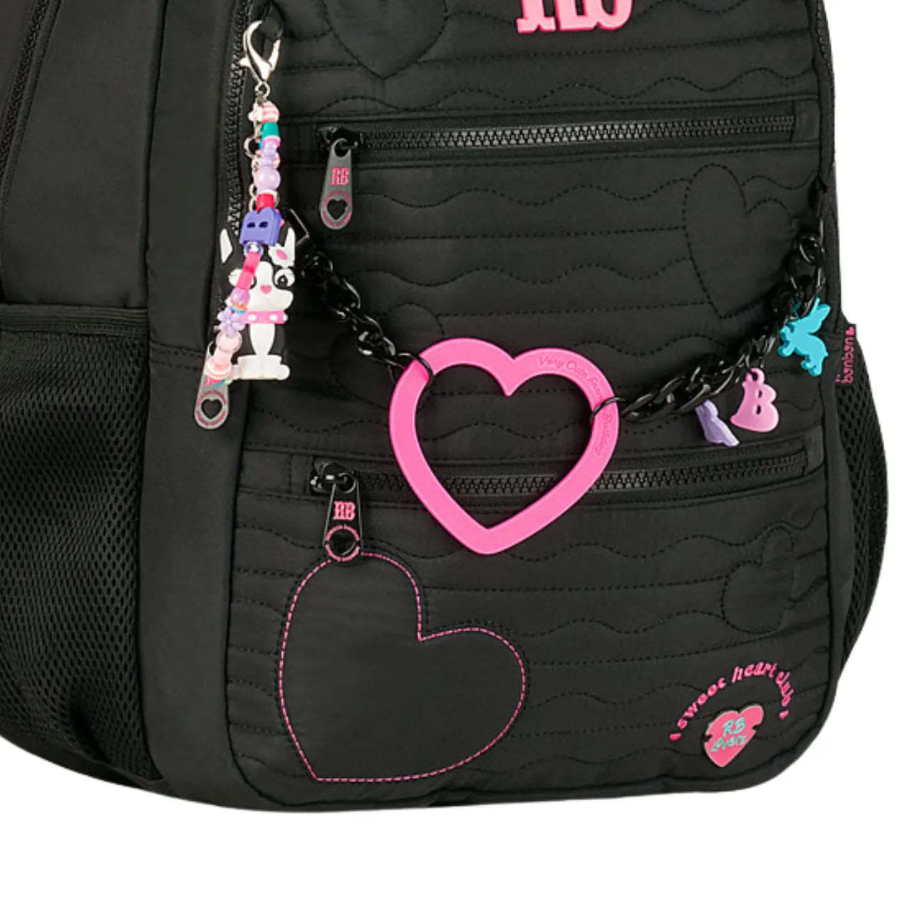 Mochila de Costas Rebecca Bonbon Preta com Coração e Bolsos Frontal
