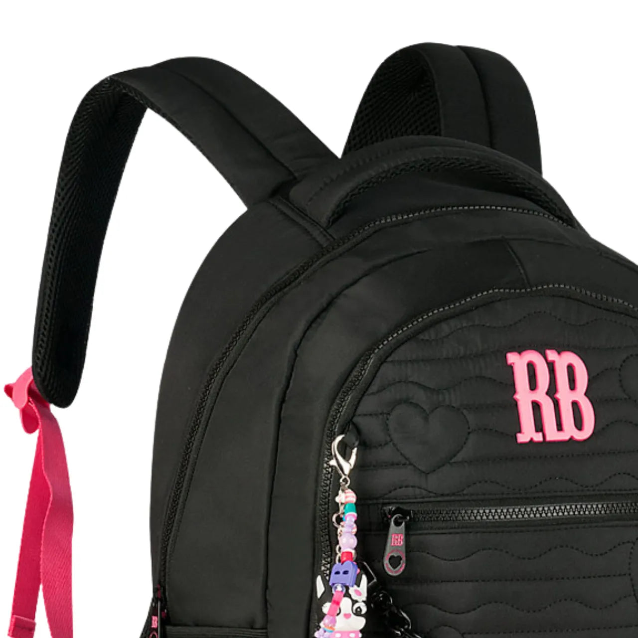 Mochila de Costas Rebecca Bonbon Preta com Coração e Bolsos Frontal