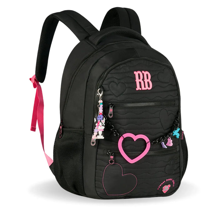 Mochila de Costas Rebecca Bonbon Preta com Coração e Bolsos Frontal