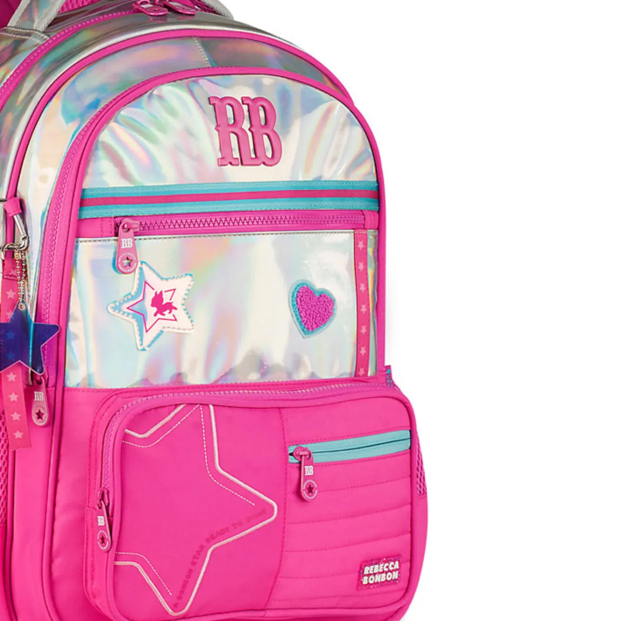 Mochila de Costas Rebecca Bonbon Rosa Holográfica Floral com Bolso Frontal