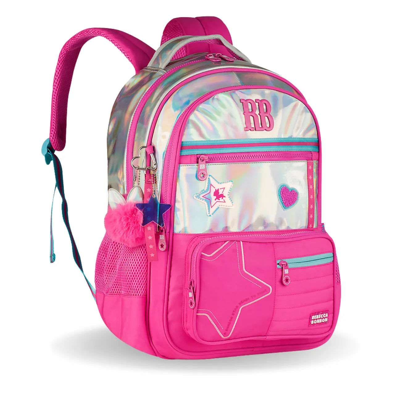Mochila de Costas Rebecca Bonbon Rosa Holográfica Floral com Bolso Frontal