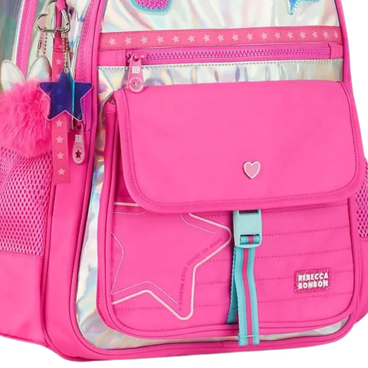 Mochila de Costas Rebecca Bonbon Rosa Holográfica com Bolso Frontal