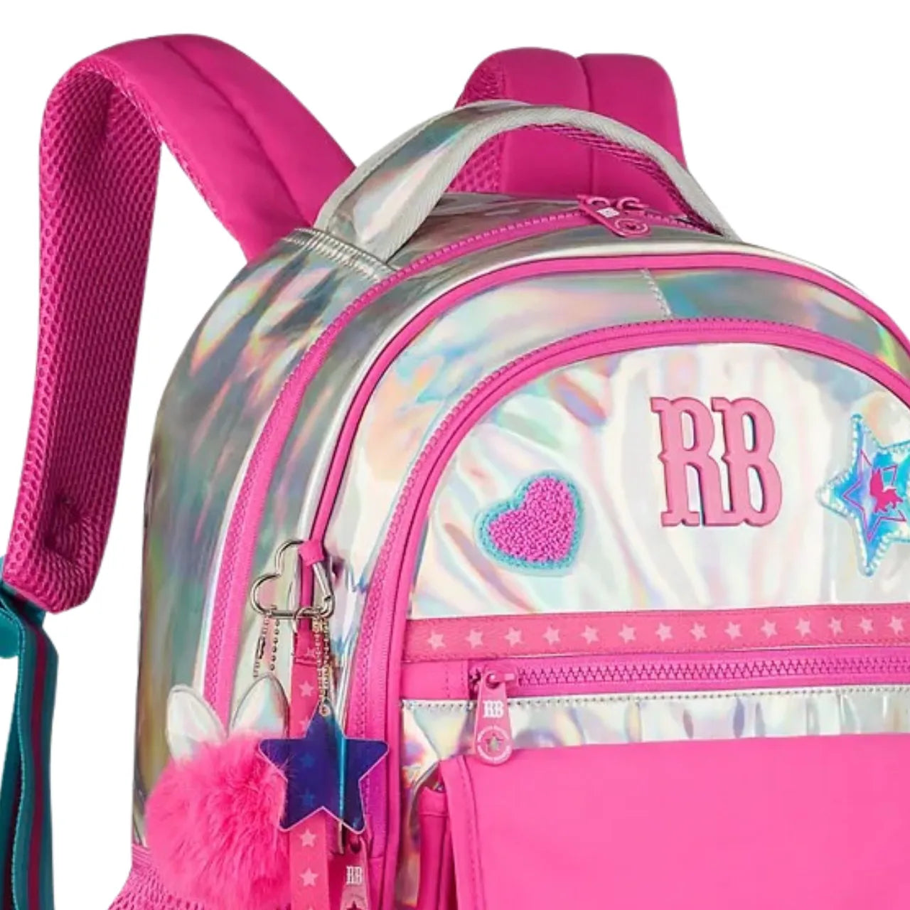 Mochila de Costas Rebecca Bonbon Rosa Holográfica com Bolso Frontal